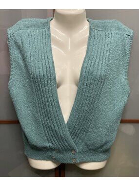 Alia Vintage 80s Womens Large Teal Knit Button Up Sweater Vest Sleeveless Retro